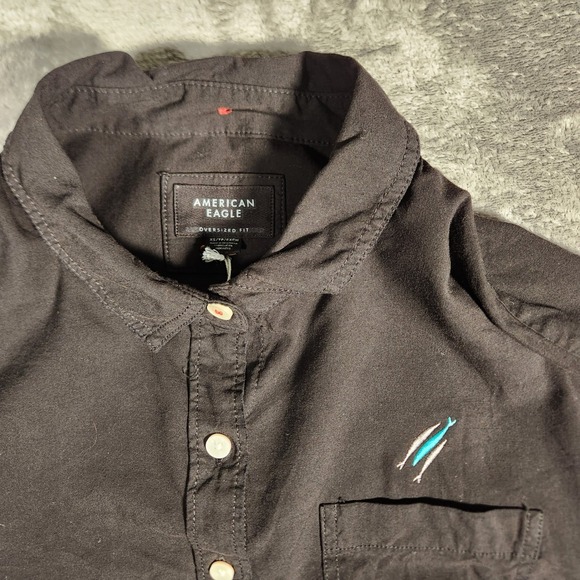 American Eagle Oversized Button Down Shirt Men's XS Black Fish Embroidery NEW - Picture 4 of 13